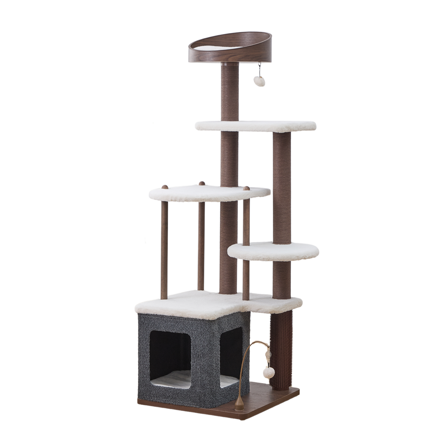 Catry Trinity CT240359 cat tree with six levels, five scratching posts, four resting platforms, two toys, one bed, and one cat condo on a white background.