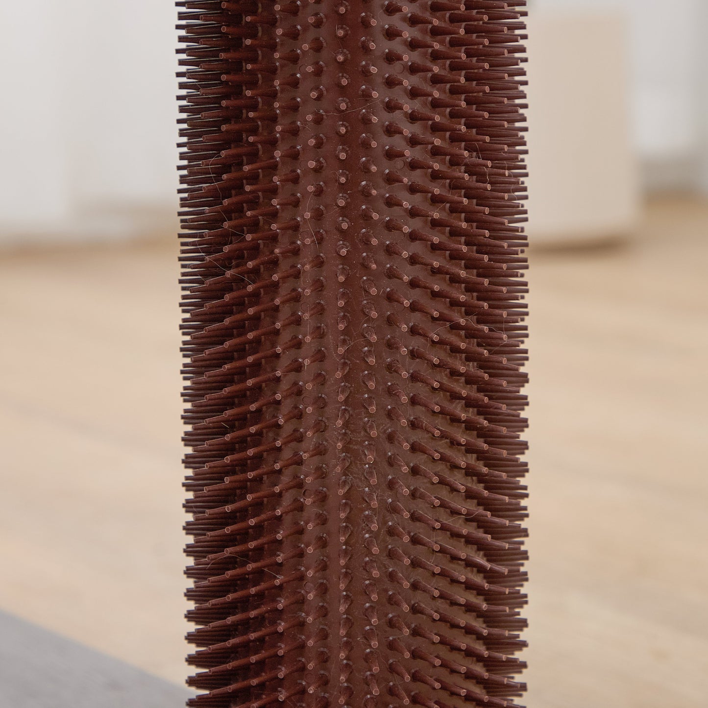 Catry Trinity CT240359 cat tree a close-up of a textured rubber groomer on a light wooden surface.