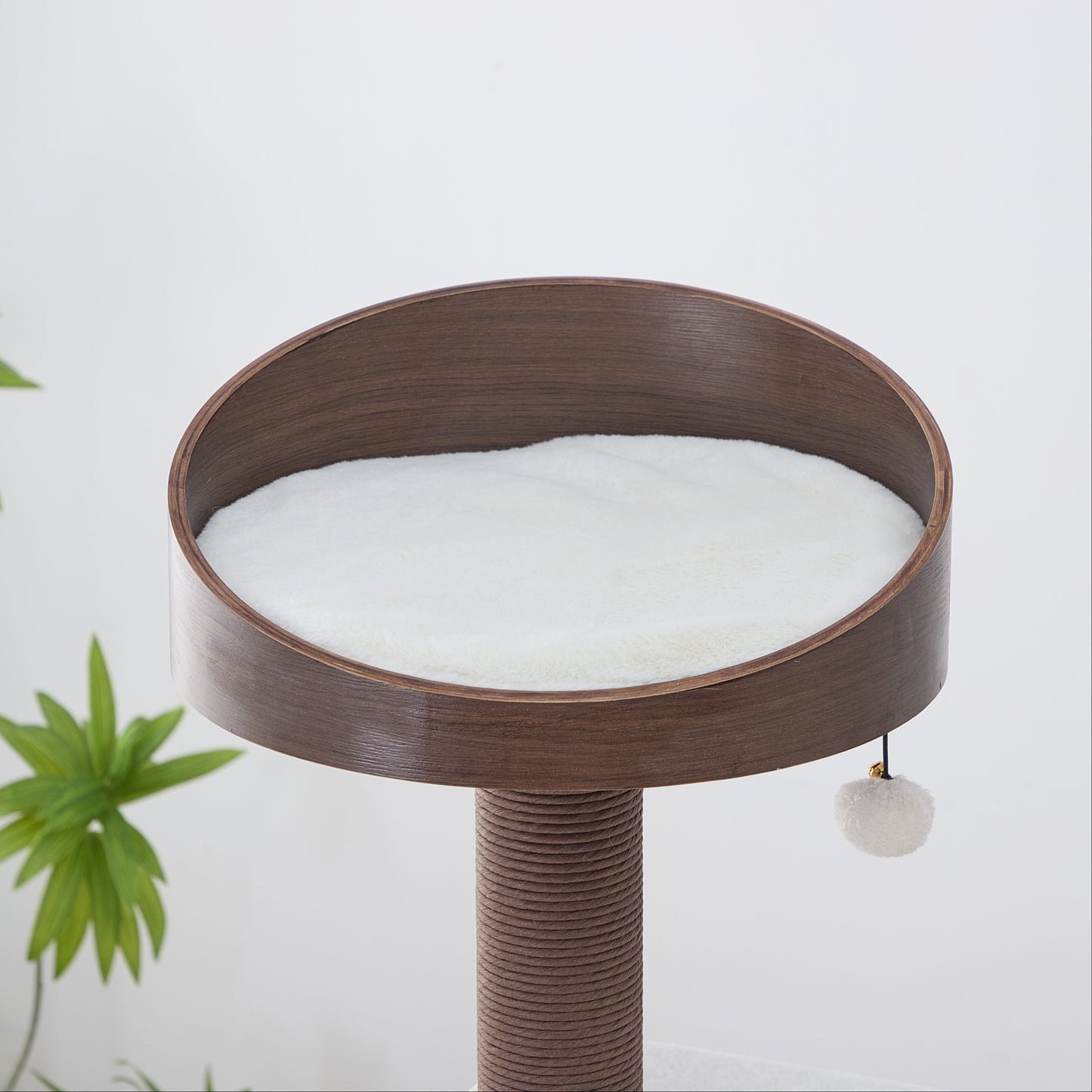 Catry Trinity CT240359 Cat tree with a round platform cat bed and a dangling cat toy ball on a white background