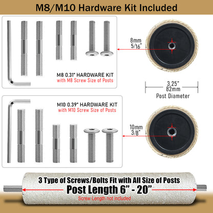 Hardware kit for posts with screws, bolts, and measurements on a beige background