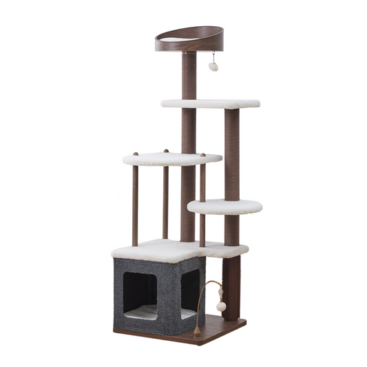 Catry Trinity CT240359 cat tree with six levels, five scratching posts, four resting platforms, two toys, one bed, and one cat condo on a white background.