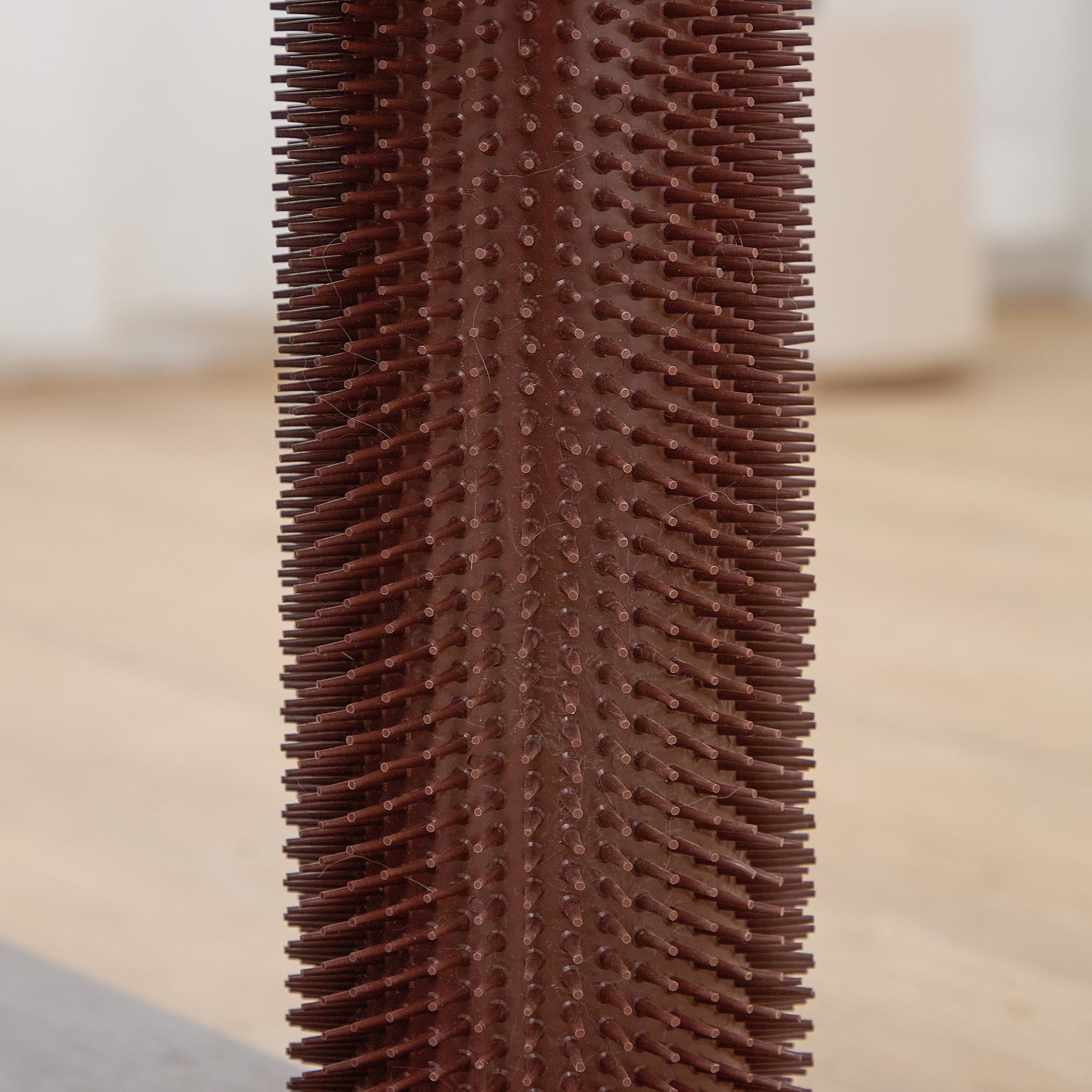 Catry Trinity CT240359 cat tree a close-up of a textured rubber groomer on a light wooden surface.