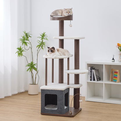 Catry Trinity CT240359 cat tree with six levels, five scratching posts, four resting platforms, two toys, one bed, and one cat condo with two cats on different levels in a room with plants and a bookshelf.